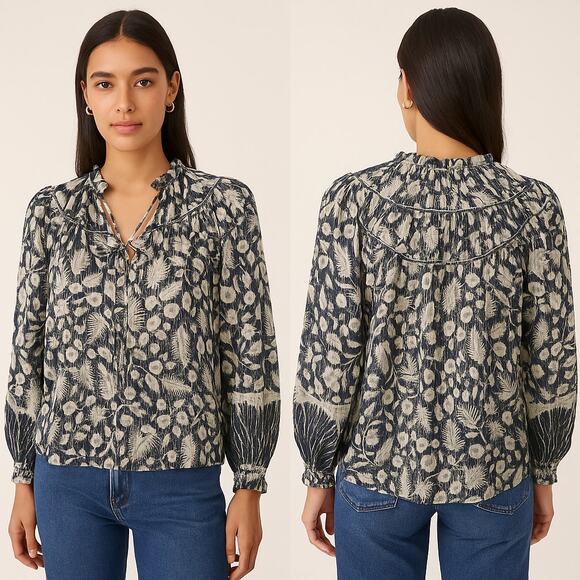 ULLA JOHNSON Yulia Silk Metallic Lurex Indigo Boho Blouse Size 4 - Picture 1 of 8